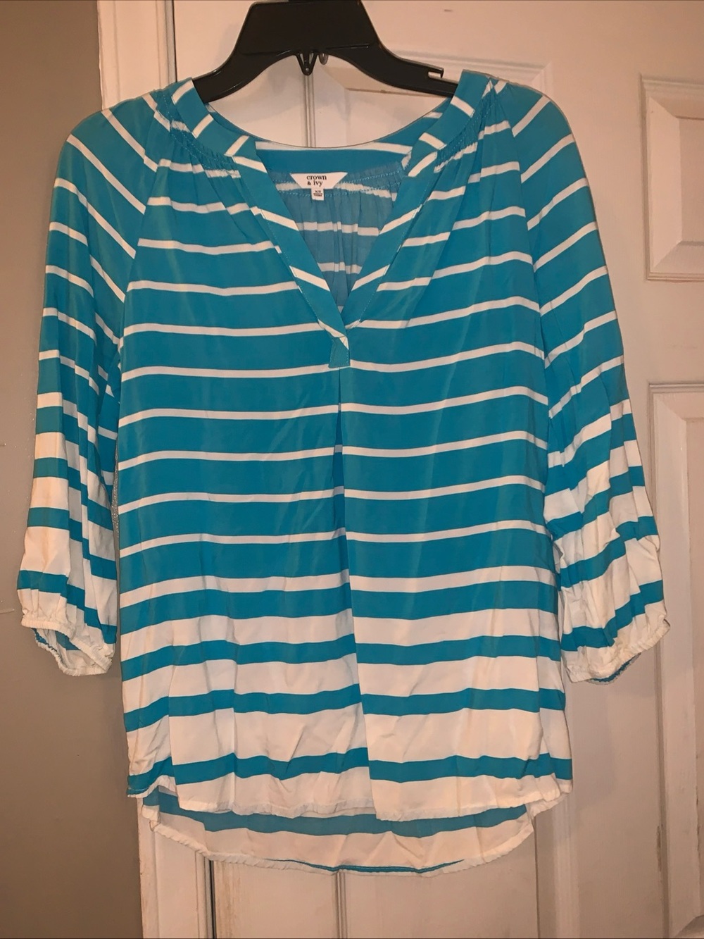 Crown & Ivy Top Turquoise Blue & White Stripe Shirt Size XS
